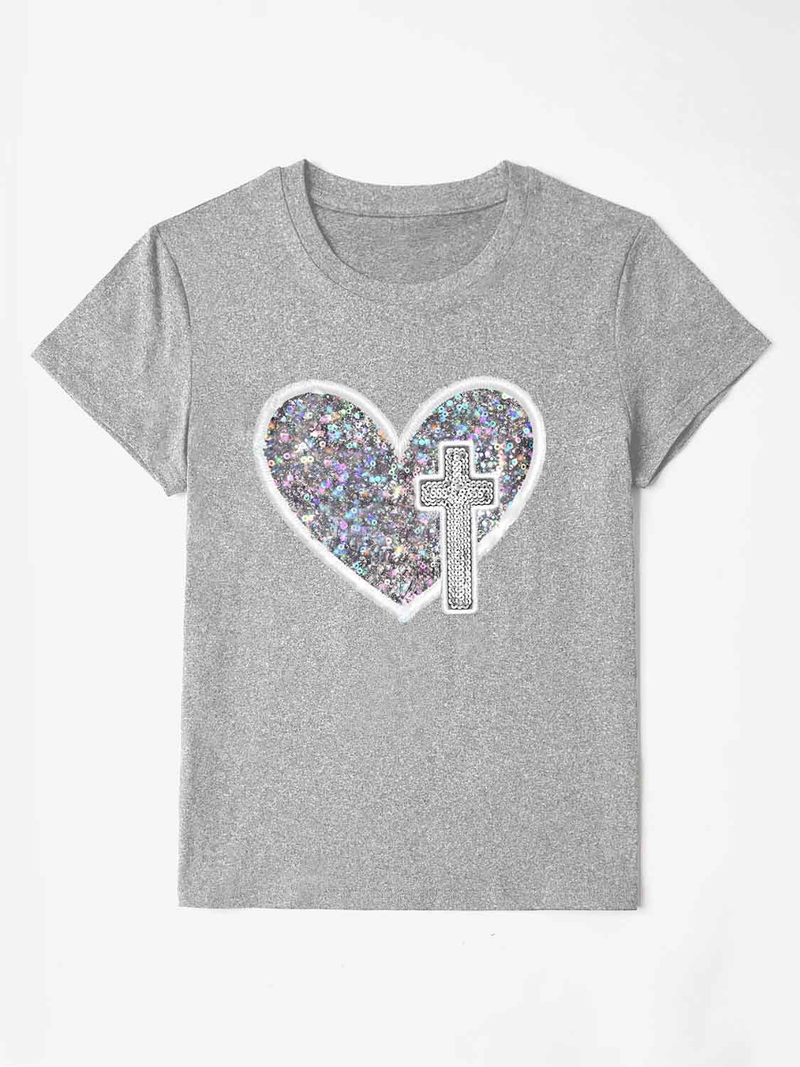 Graphic Heart Round Neck Short Sleeve T-Shirt