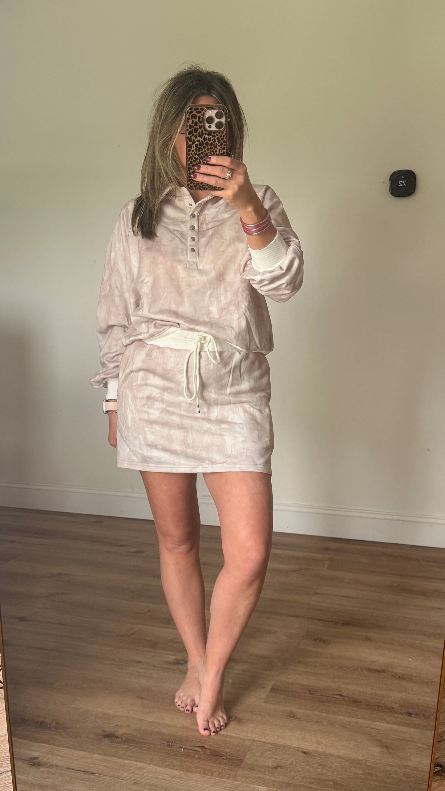 White Abstract Woodland Print Balloon Sleeve Pullover Drawstring Mini Skort Set