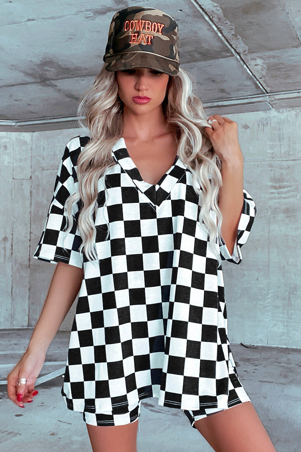 Black Checkered Print V Neck Pocketed Pajama Set