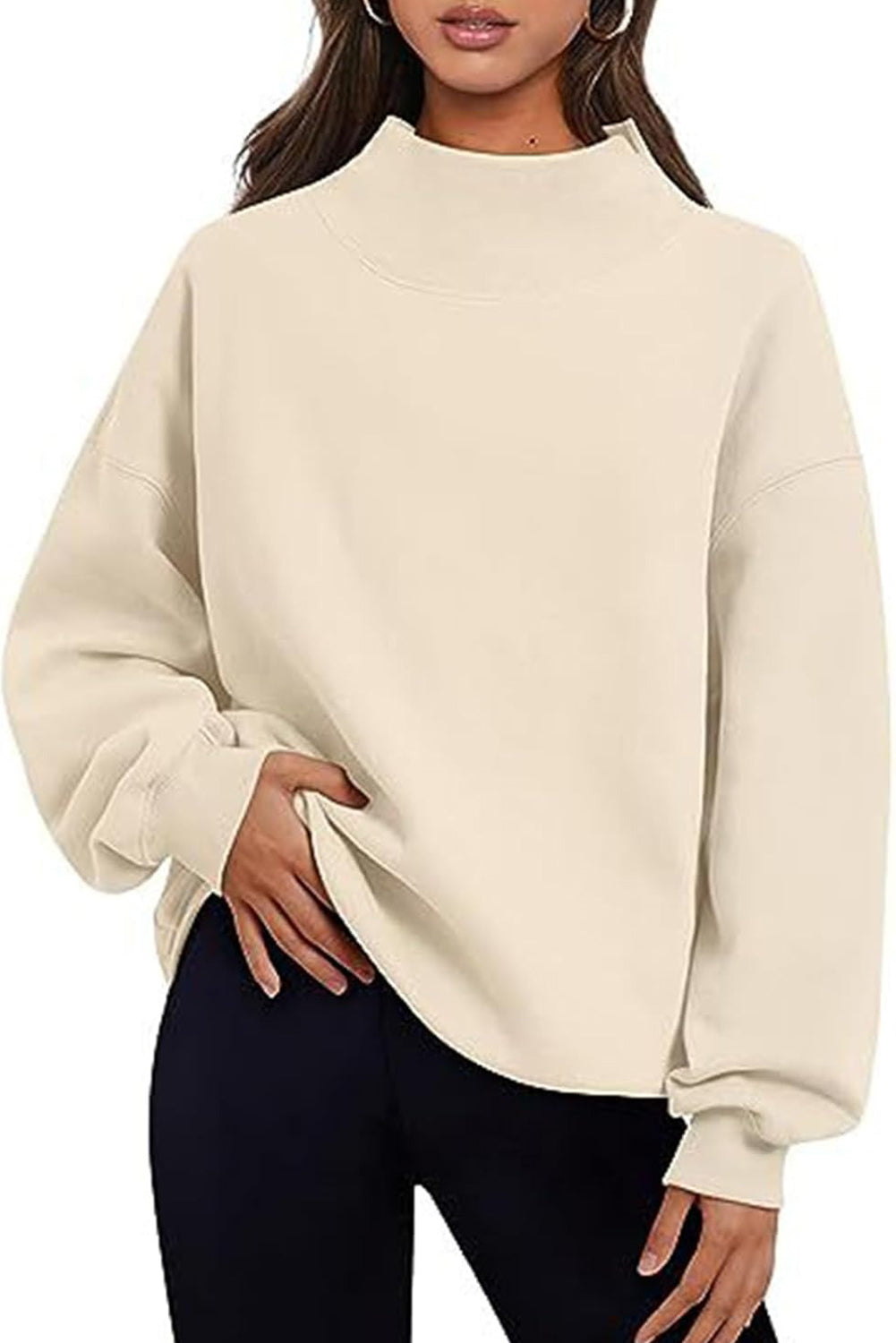 Lenny Grey Solid Color High Neck Long Sleeve Loose Sweatshirt