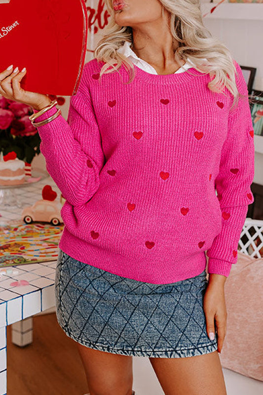 Rose Red Heart Pattern Drop Shoulder Round Neck Sweater