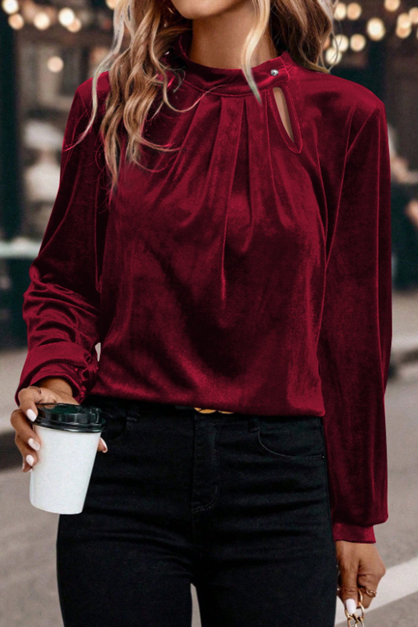 Evergreen Asymmetric Button Keyhole Neck Long Sleeve Velvet Blouse