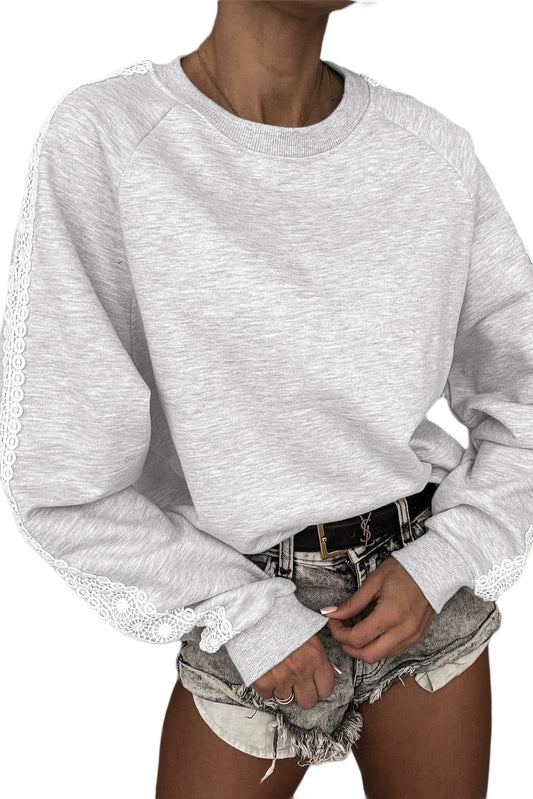 Light Grey Lace Applique Raglan Sleeve Crew Neck Sweatshirt