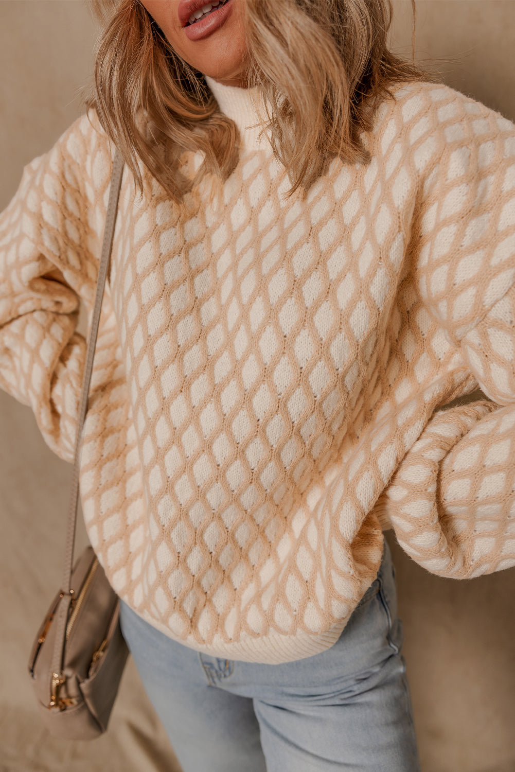 Lennox Checkered Textured Knit Mock Neck Sweater