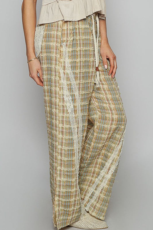 POL Lace Trim Drawstring Checkered Wide Leg Pants