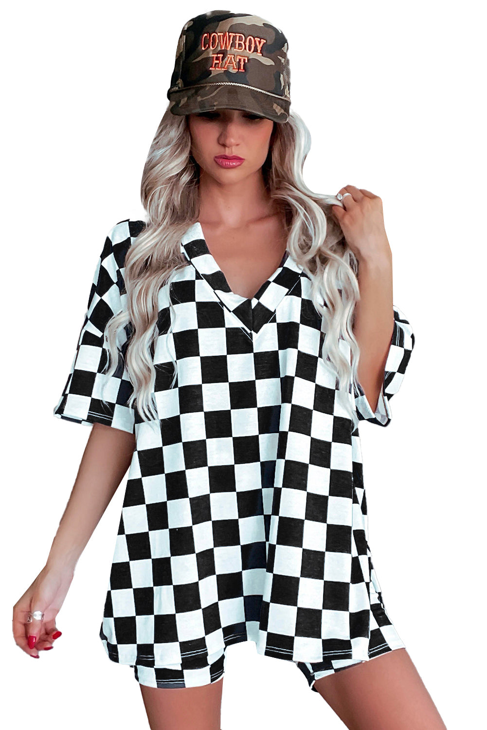 Black Checkered Print V Neck Pocketed Pajama Set