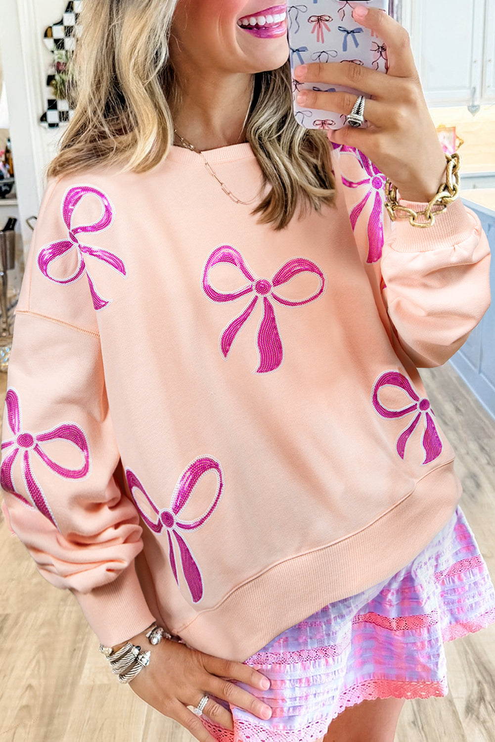 Apricot Pink Sequin Bow Drop Shoulder Oversized Sweatshirt