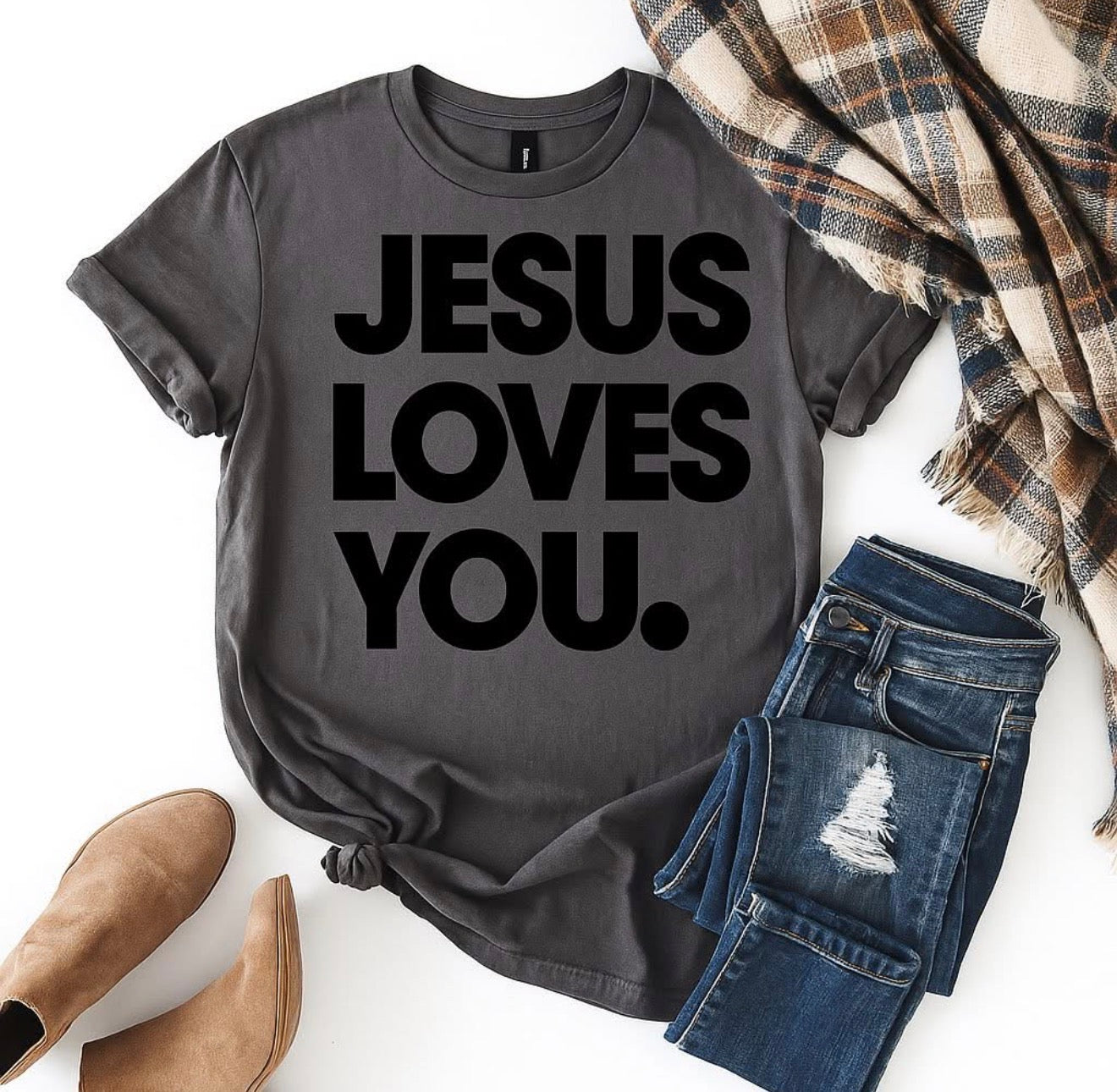 Gray Jesus Loves You Graphic Tee