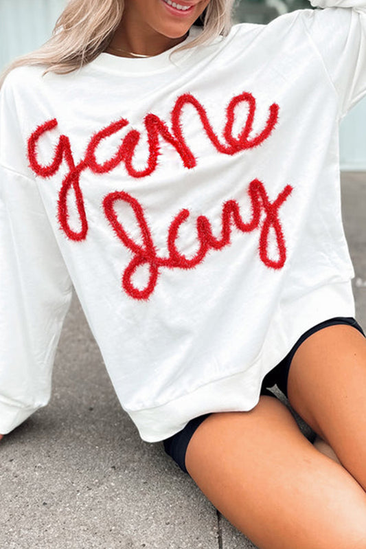 White Tinsel Game Day Drop Shoulder Sweatshirt