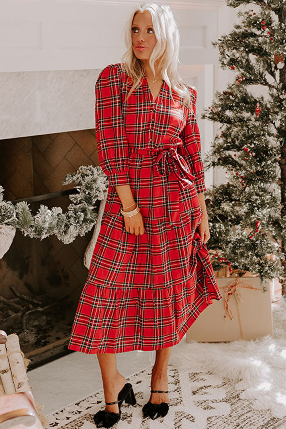 Red Christmas Plaid V Neck Tie Waist Ruffle Hem Long Dress