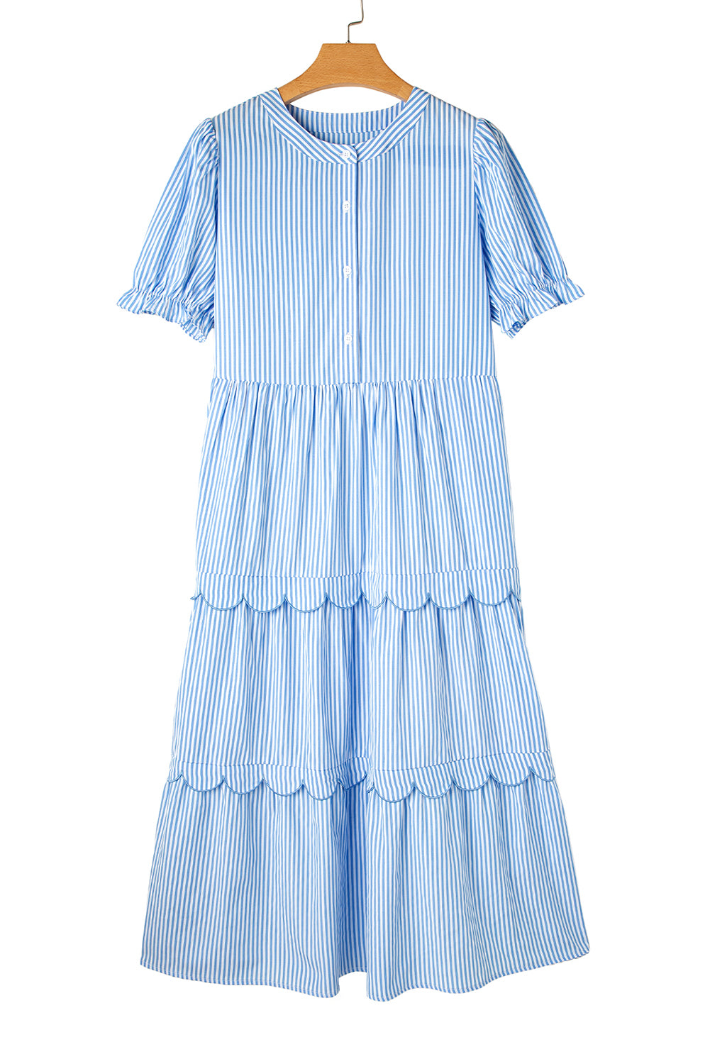 Sky Blue Stripe Bubble Sleeve Scallop Tiered Dress