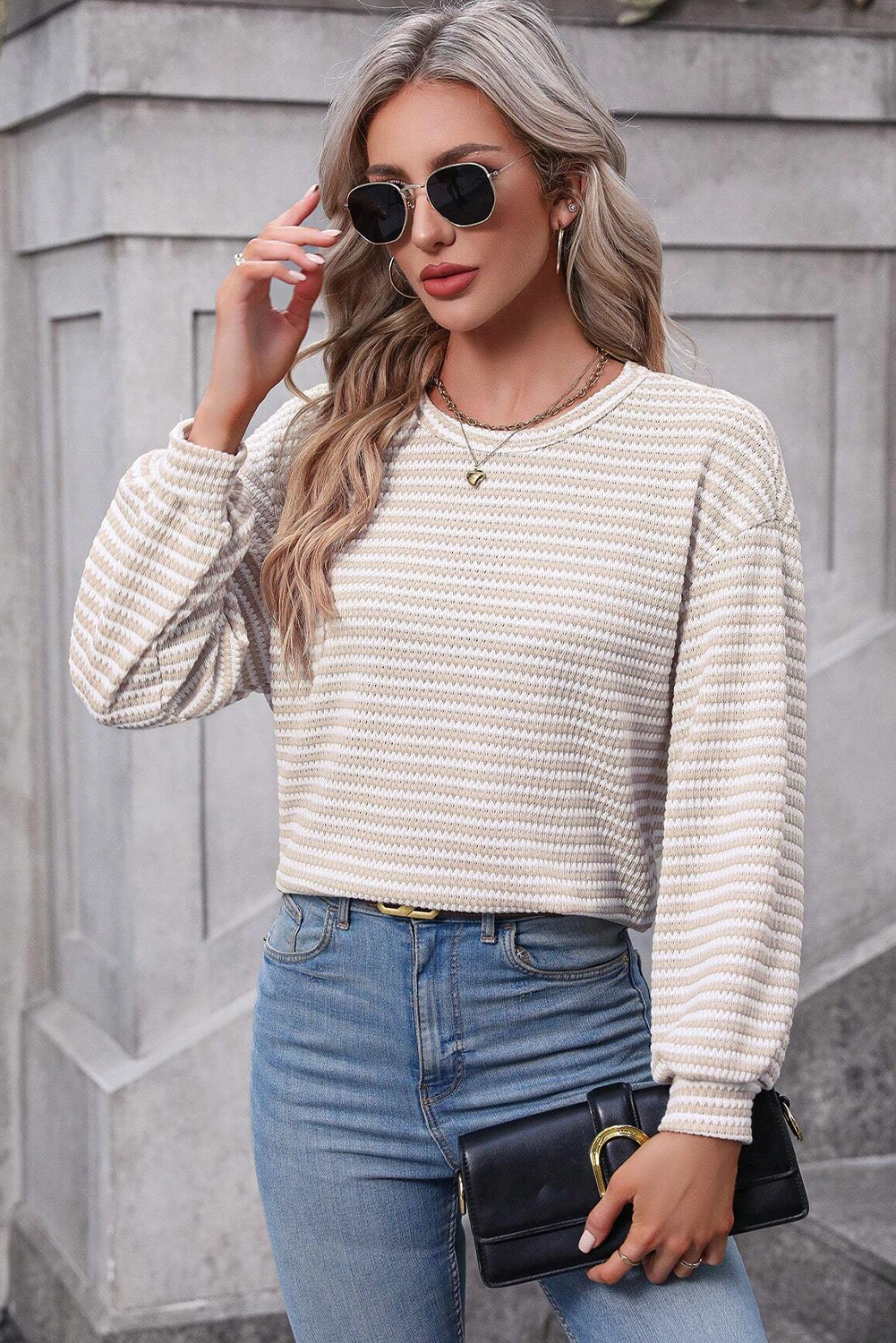 Rose Stripe Round Neck Drop Shoulder Long Sleeve Top