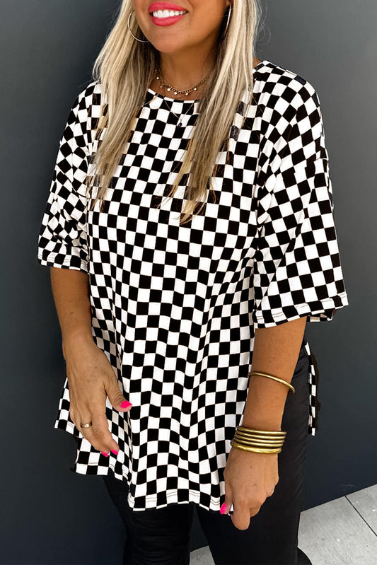 Black Checkered Print Side Slits Plus Size T Shirt