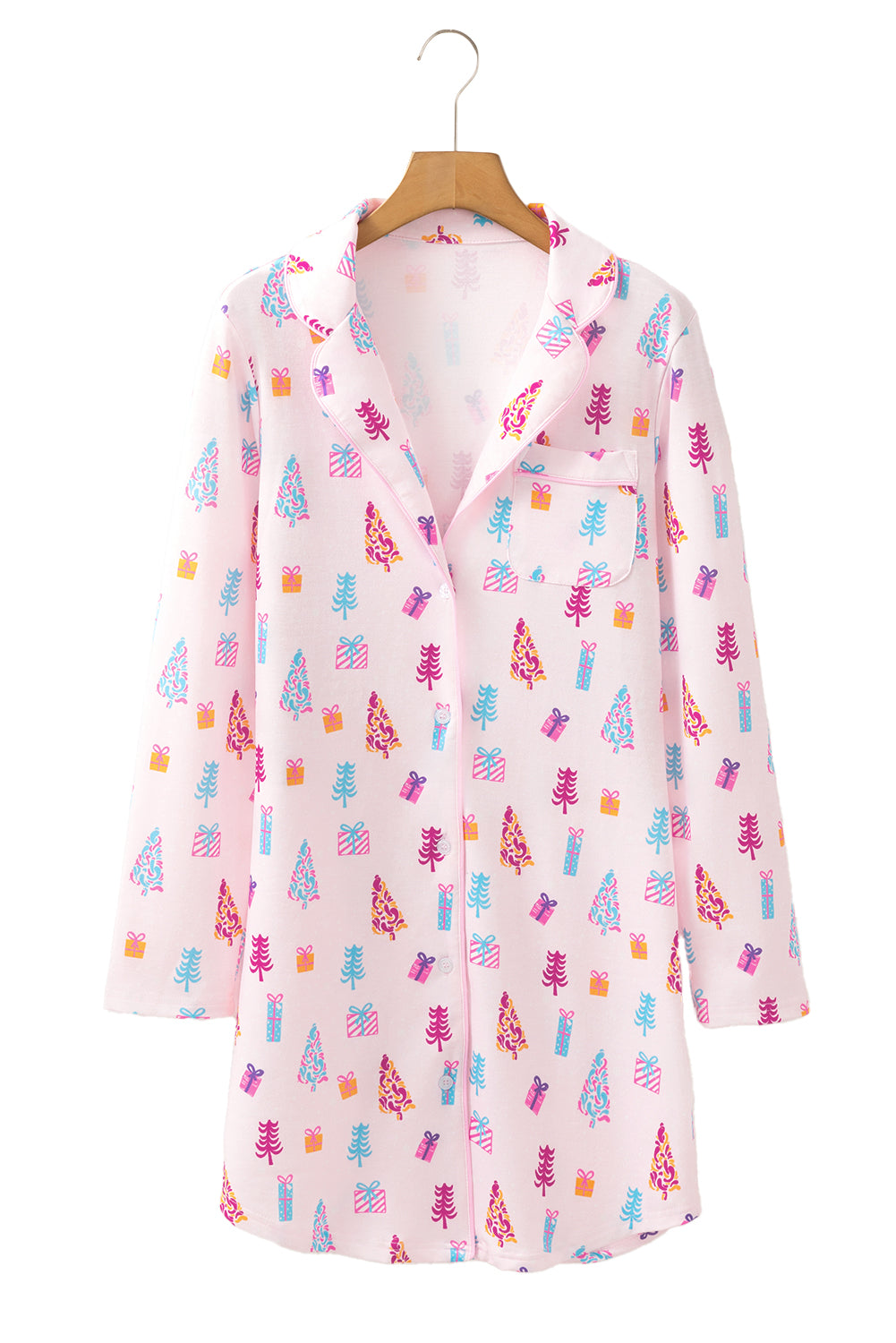 Pink Christmas Twinkle Tree Print Casual Shirt Sleep Dress