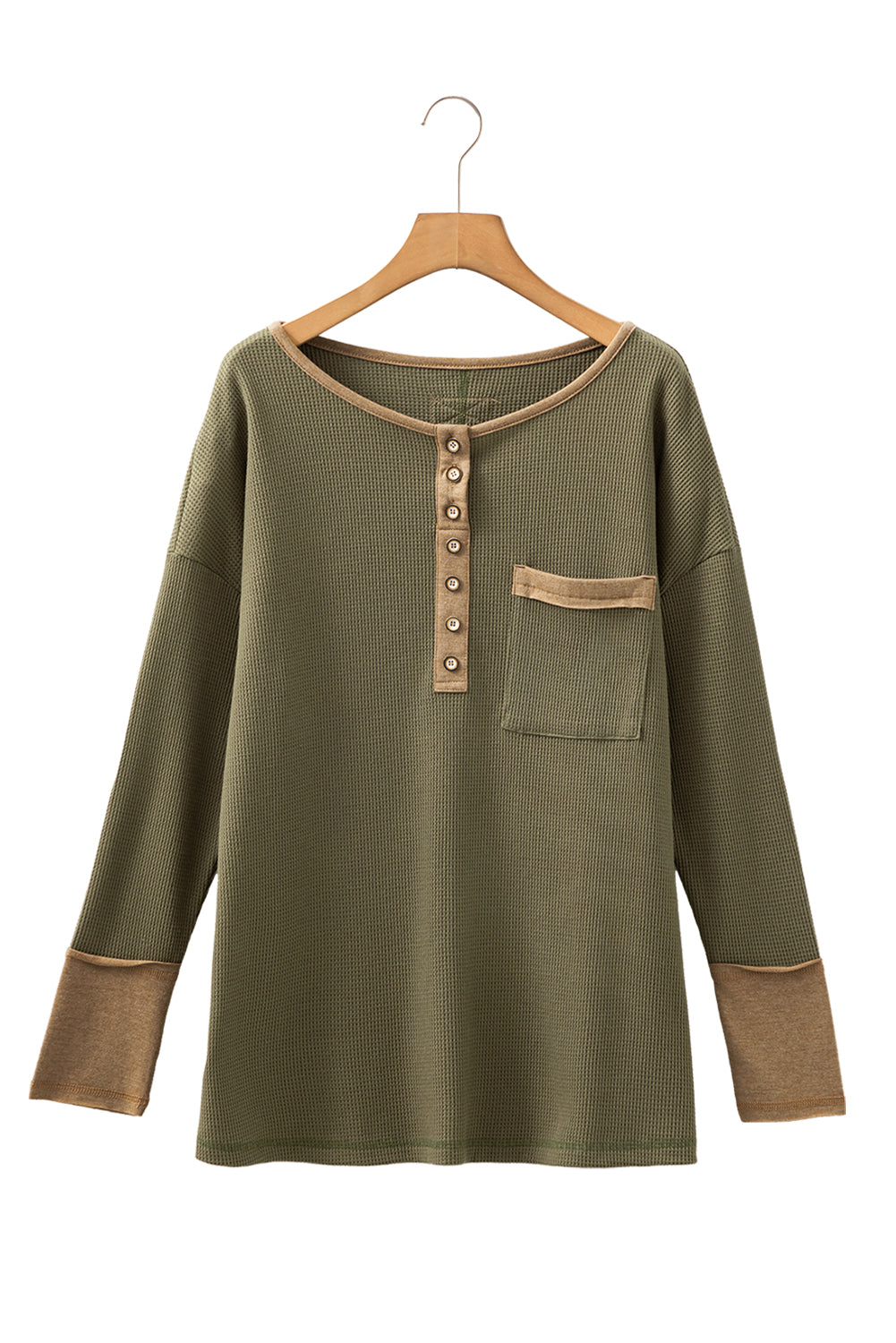 Vineyard Green Waffle Textured Patchwork Tunic Henley Top