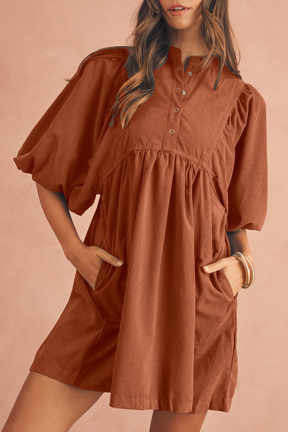 Lilly Snap Button Empire Waist Lantern Sleeve Corduroy Dress