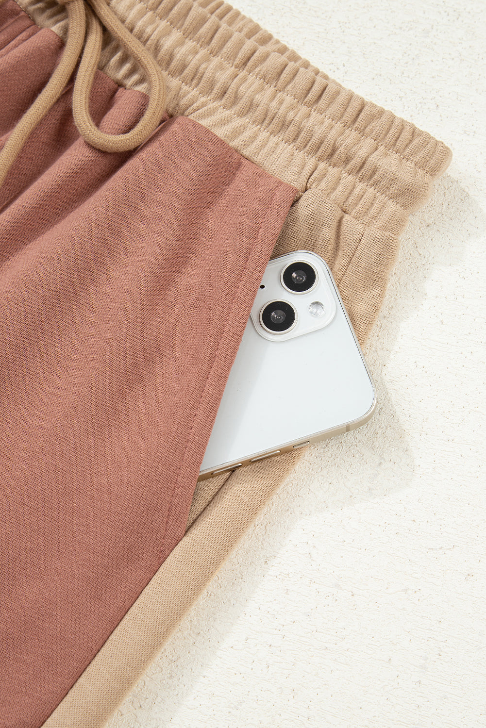 Khaki Color Block Long Sleeve Crop Top Drawstring Pant Set