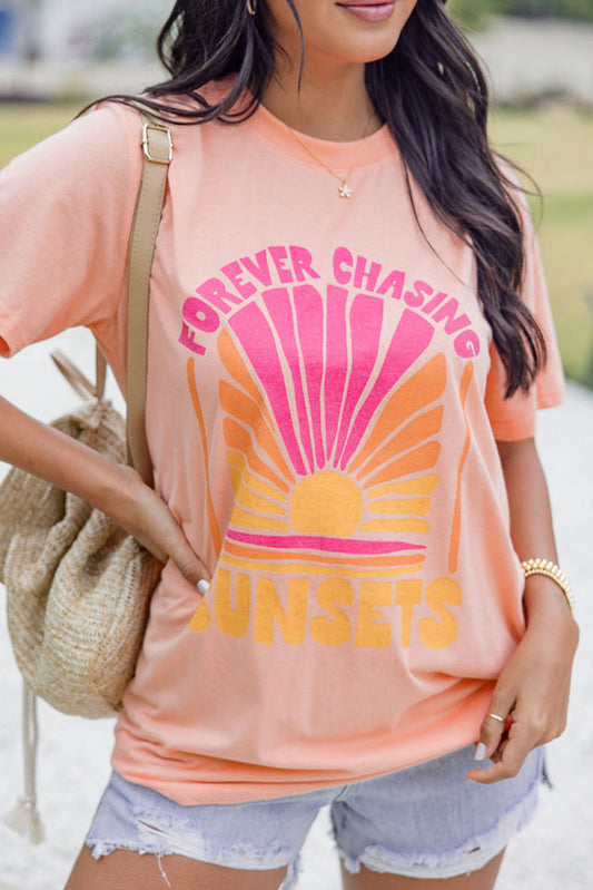 Wholesale Pink FOREVER CHASING SUNSET Graphic Round Neck T Shirt