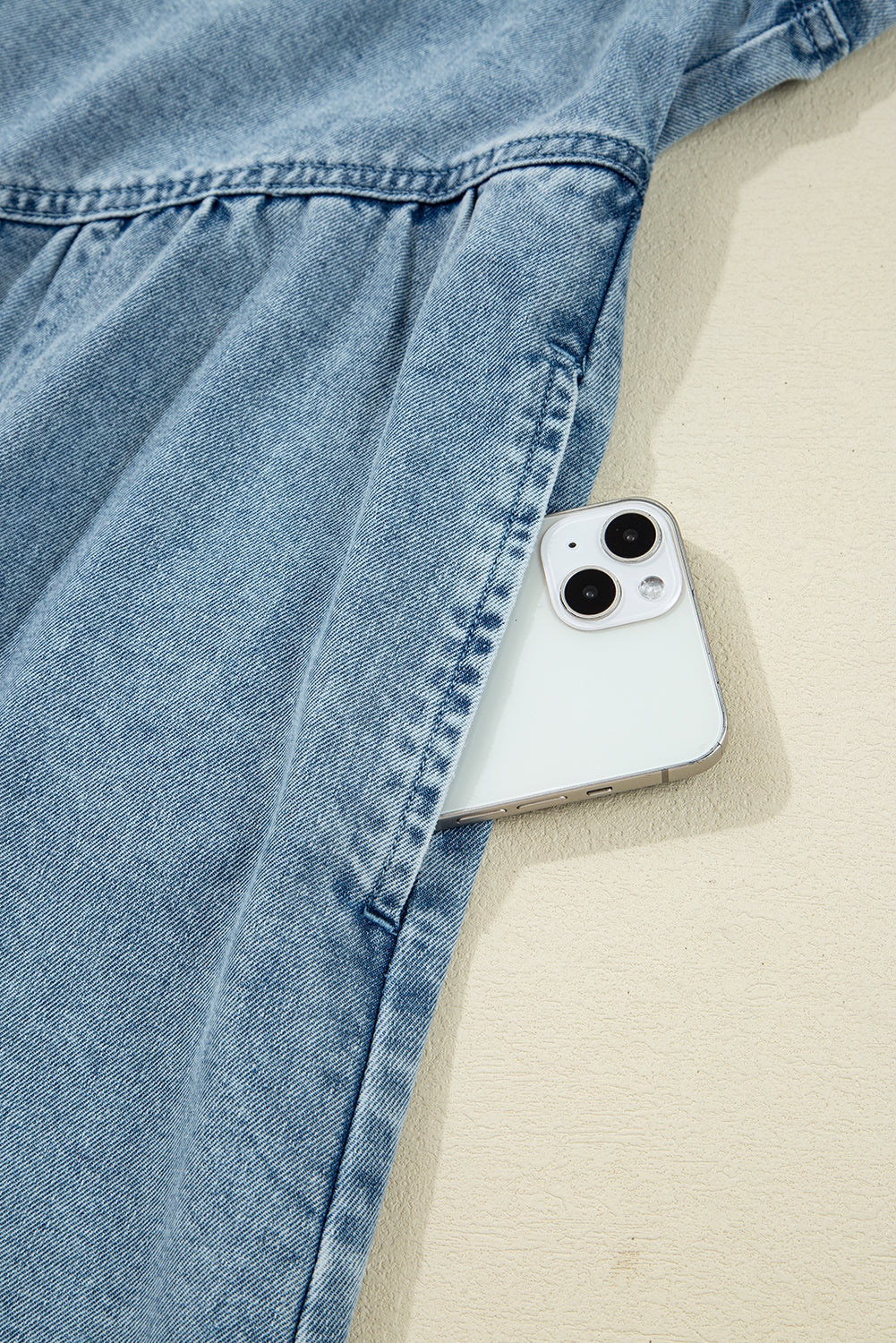 Beau Blue Smocked Cuffs Flared Denim Shirt Mini Dress