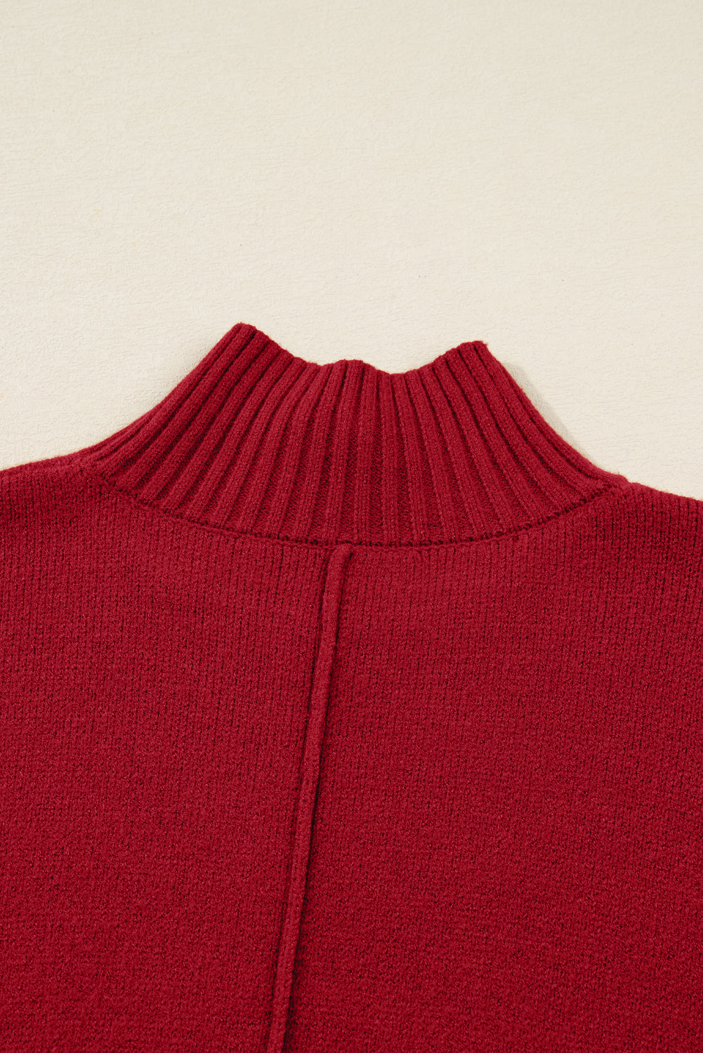 Fiery Red Ribbed High Neck Front Pockets Center Seam Sweater Dress