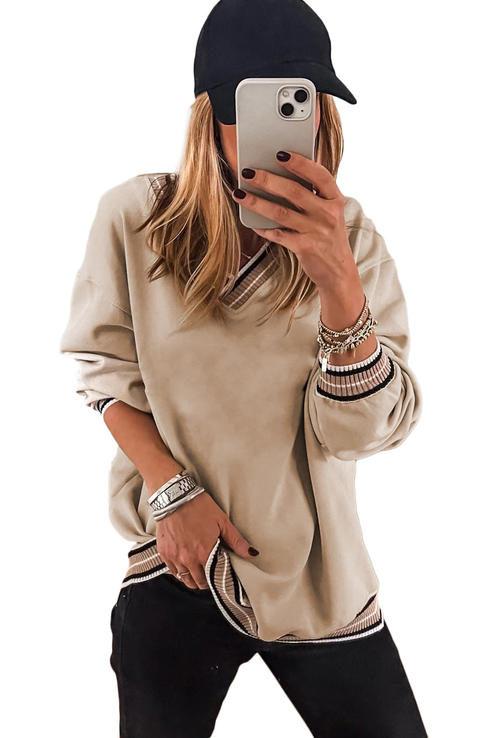 Parchment Varsity Contrast Trim V Neck Sweatshirt