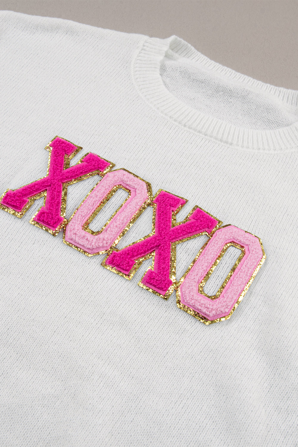 White XOXO Chenille Letter Round Neck Casual Sweater