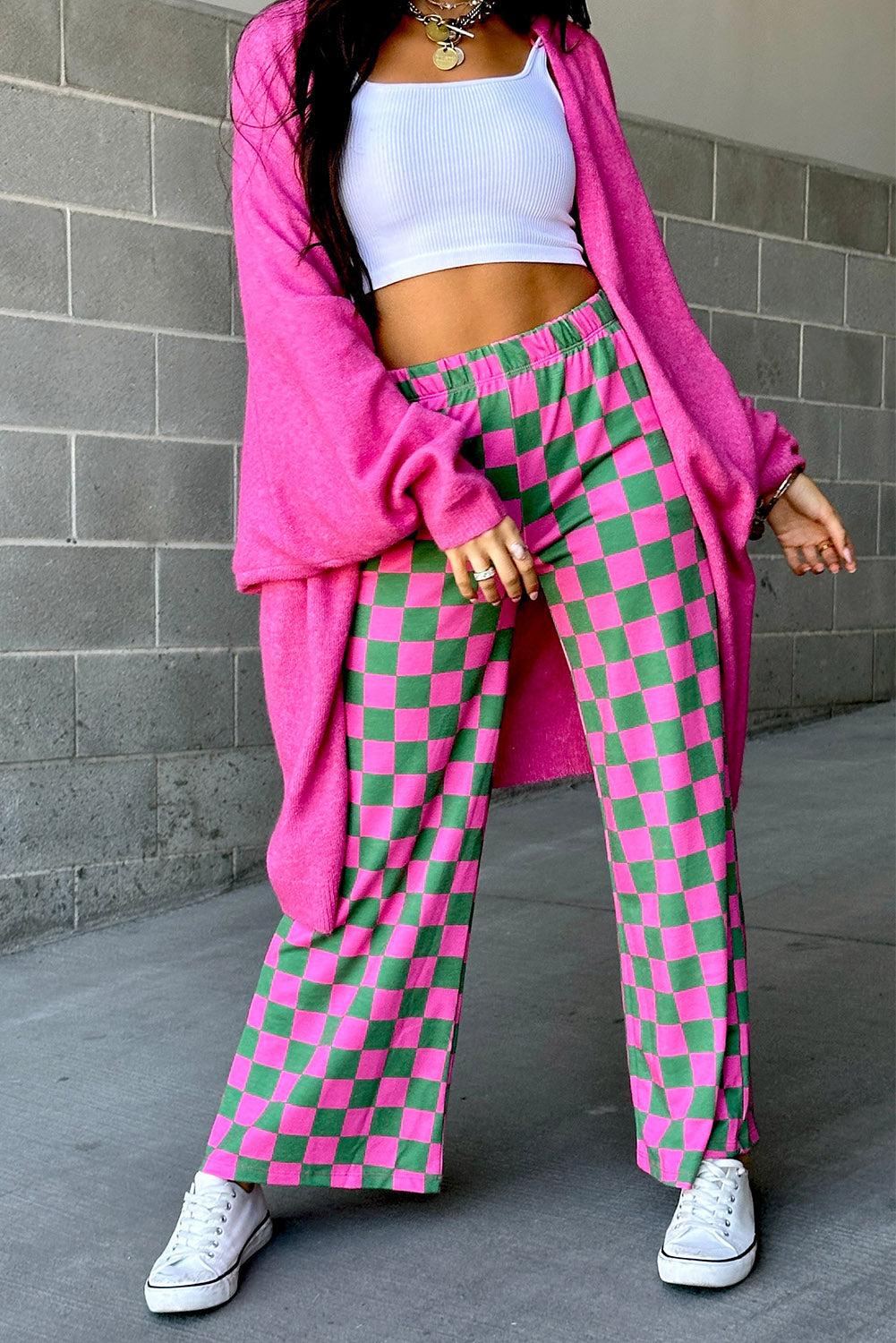 Black Checkered Print High Waist Wide Leg Pants