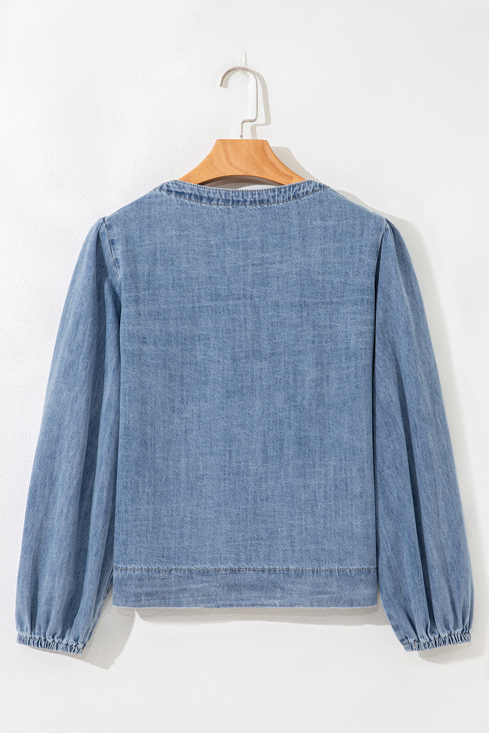 Dessa Blue Bow Tie Front Puff Sleeve Denim Top