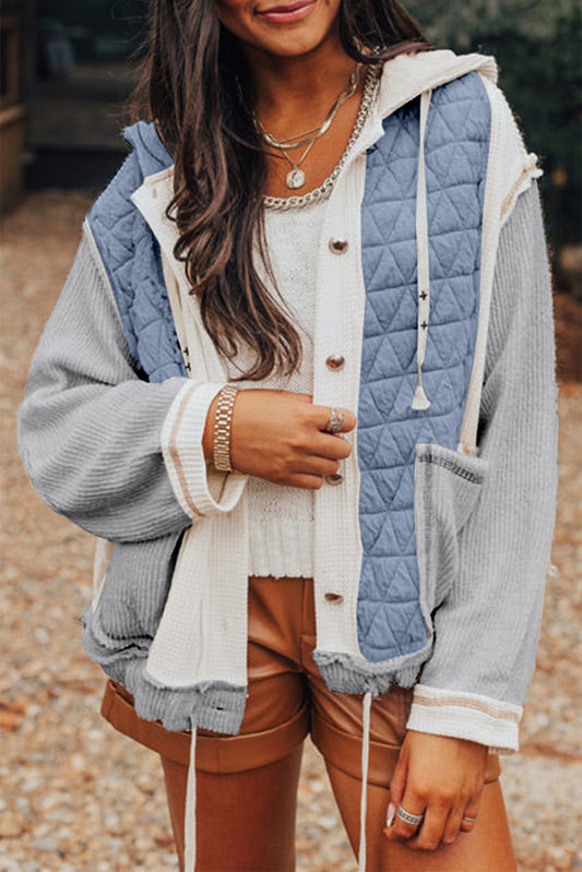 Light Blue Quilted Textured Patchwork Hooded Jacket