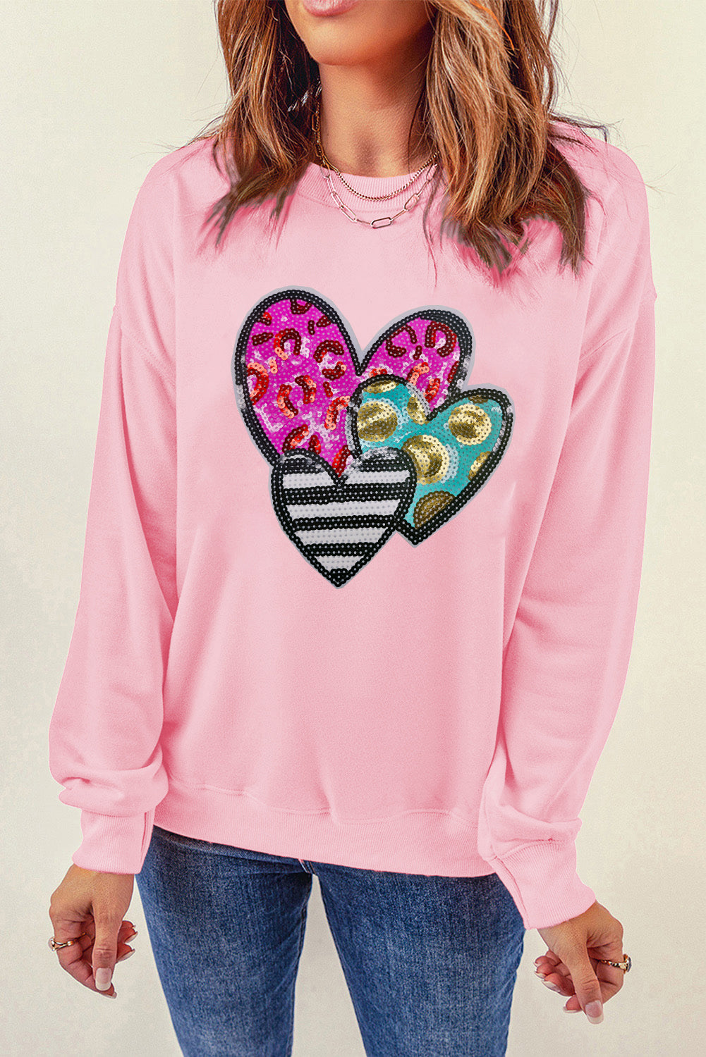 Pink Leopard Heart Patched Graphic Valentines Pullover Sweatshirt