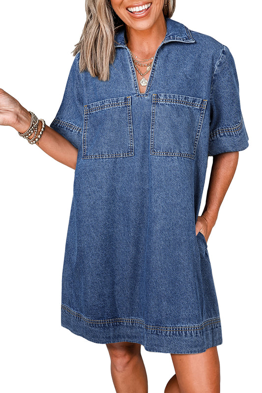 Destiny Short Sleeve Collared Chest Pocket Denim Mini Dress