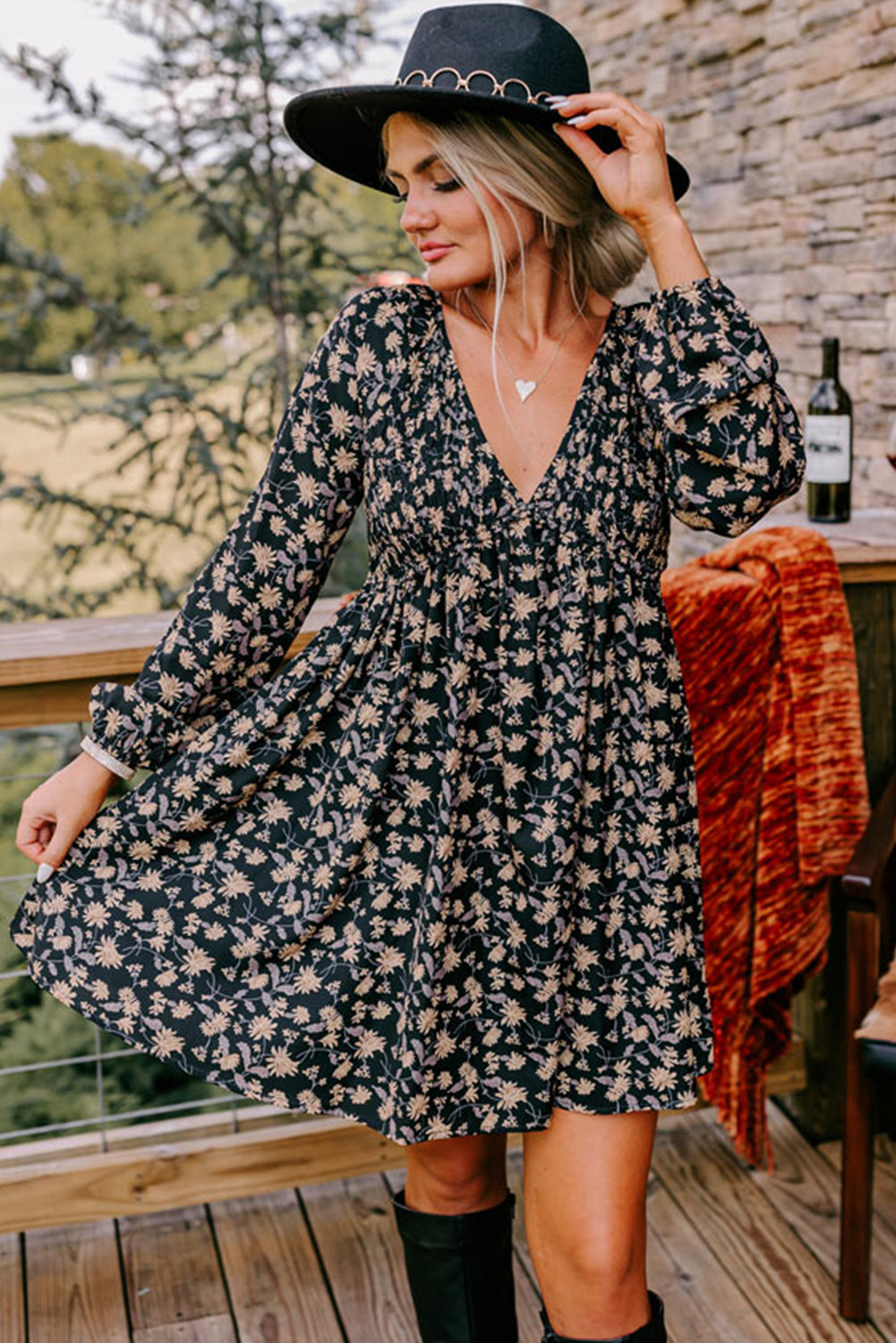 Beige Floral Smocked V Neck Bubble Sleeve Babydoll Dress