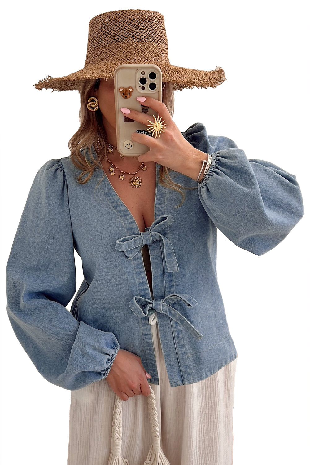 Dessa Blue Bow Tie Front Puff Sleeve Denim Top