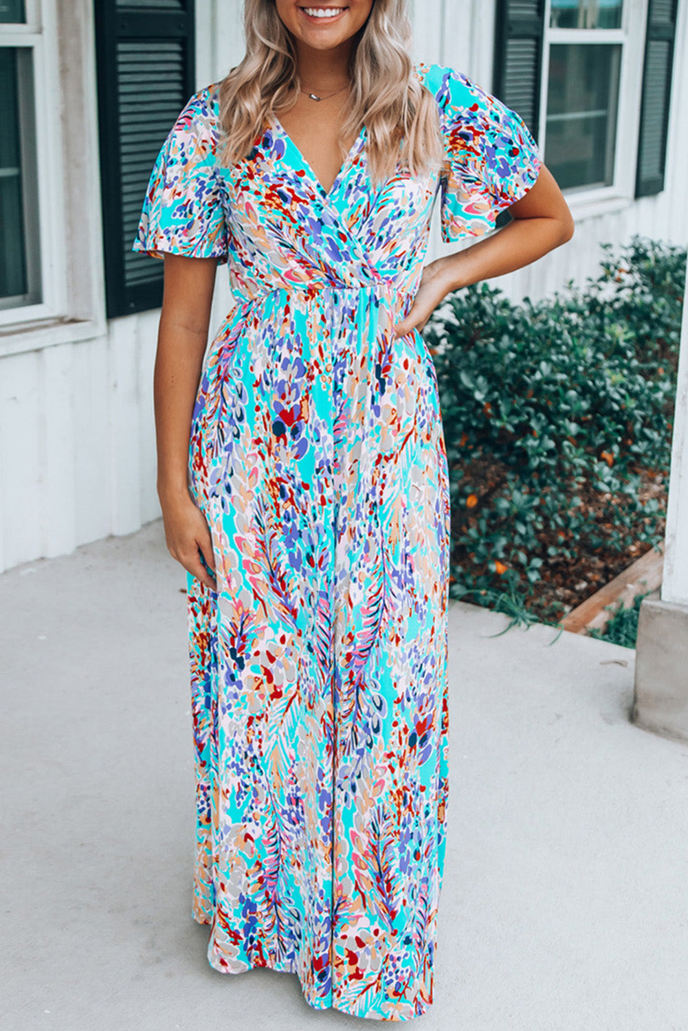 Aubrey Abstract Print Wrap V Neck Flutter Sleeve Mid Length Summer Dress