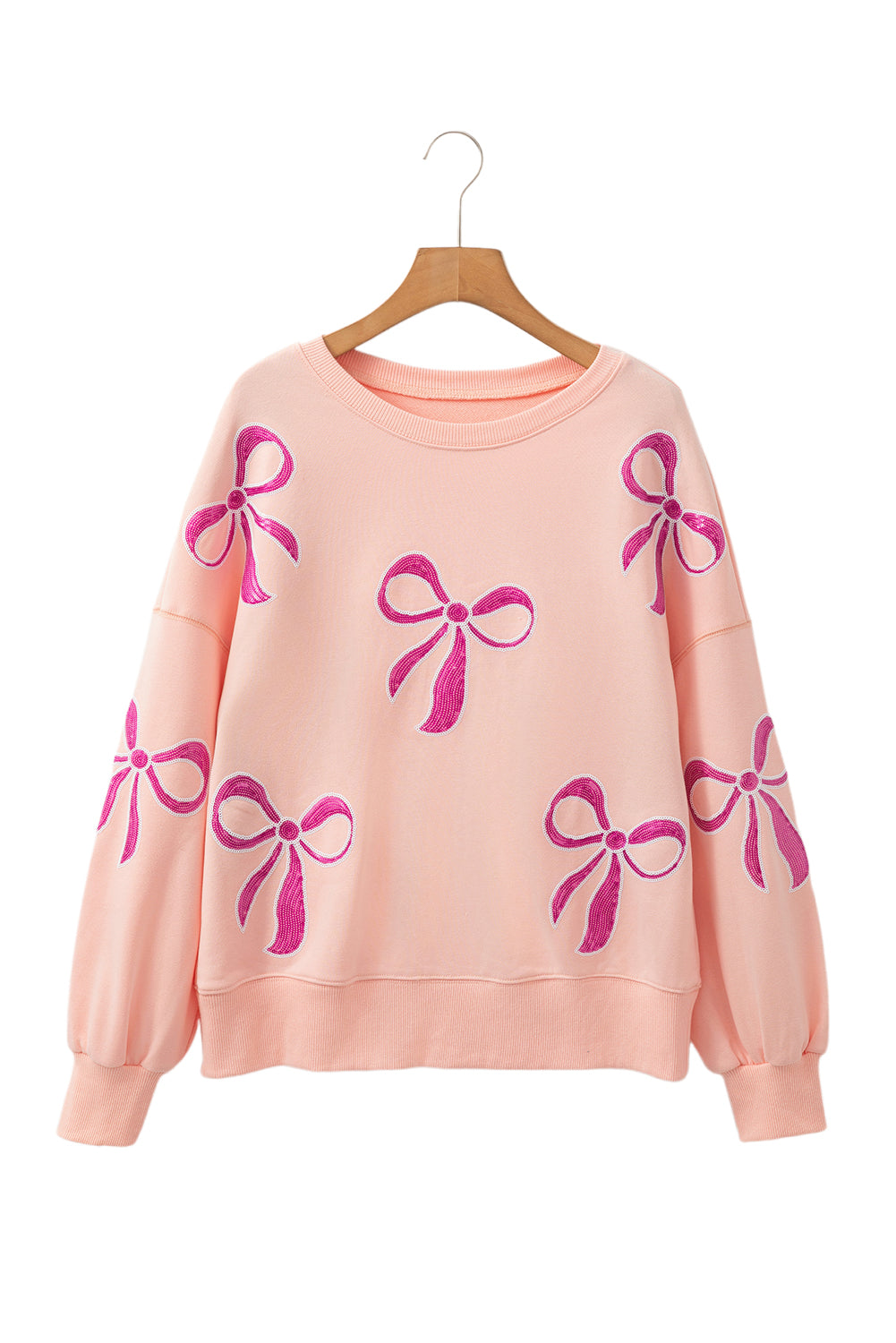 Apricot Pink Sequin Bow Drop Shoulder Oversized Sweatshirt