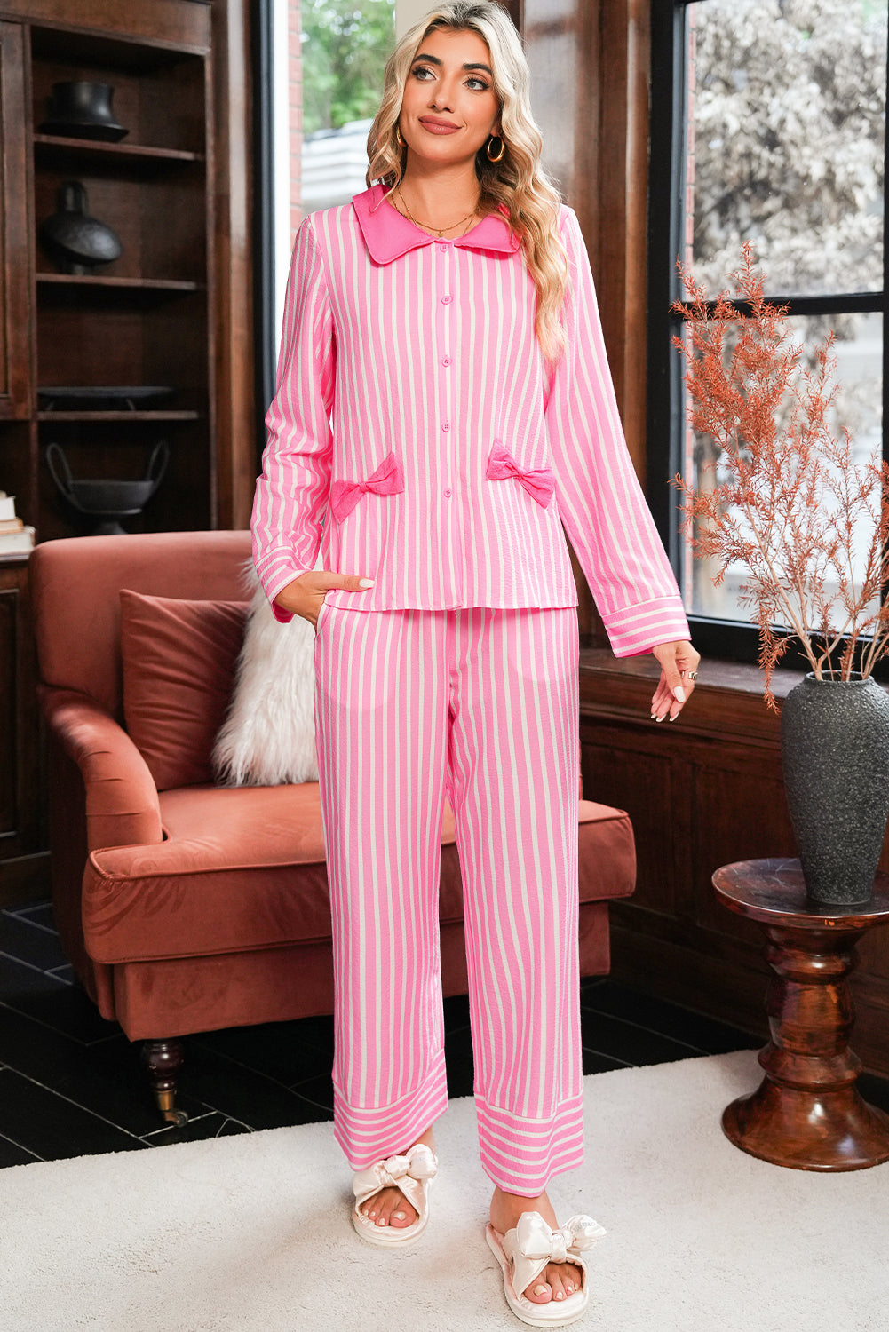 Pink Striped Sweet Bow Decor Peter Pan Collar Pullover Pants Pajama Set