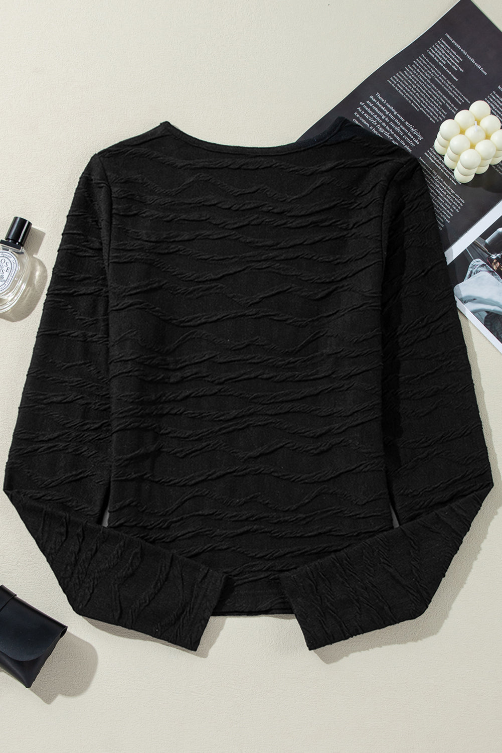 Black Plain Wavy Textured Slim Fit Long Sleeve Top