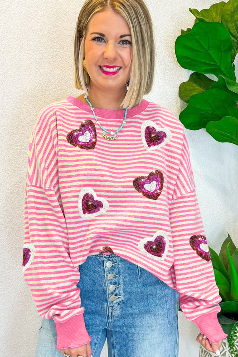 Pink Stripe Sequin Heart Patches Pattern Long Sleeve Valentines Top