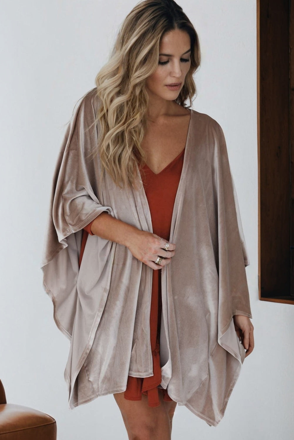 Smoke Gray 3/4 Sleeve Open Front Velvet Kimono