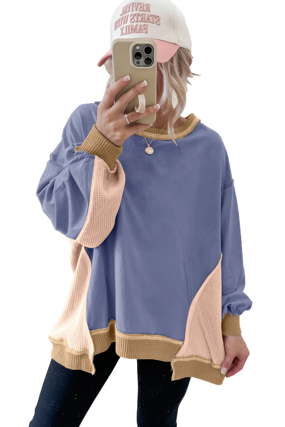 Wendy Colorblock Waffle Patchwork Oversize Sweatshirt