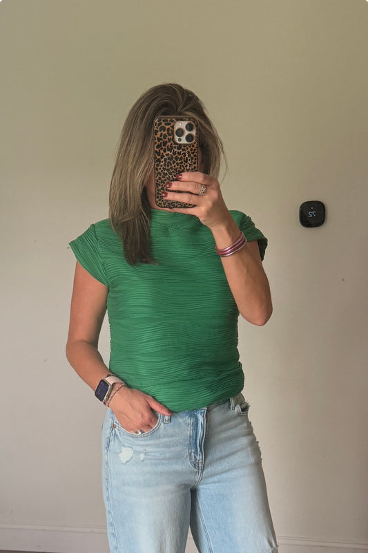 Emerald Pleated Stretch Top – Chic Cap Sleeve Everyday Blouse
