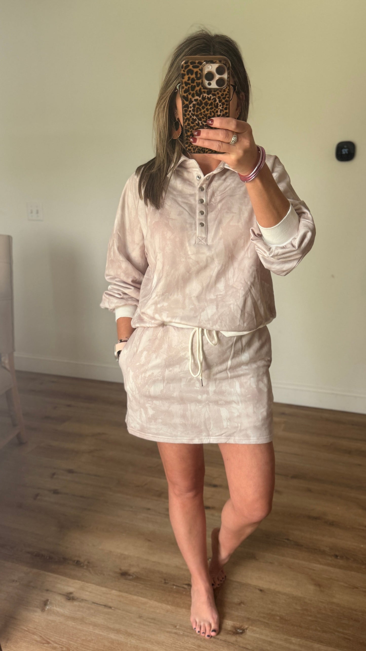 White Abstract Woodland Print Balloon Sleeve Pullover Drawstring Mini Skort Set