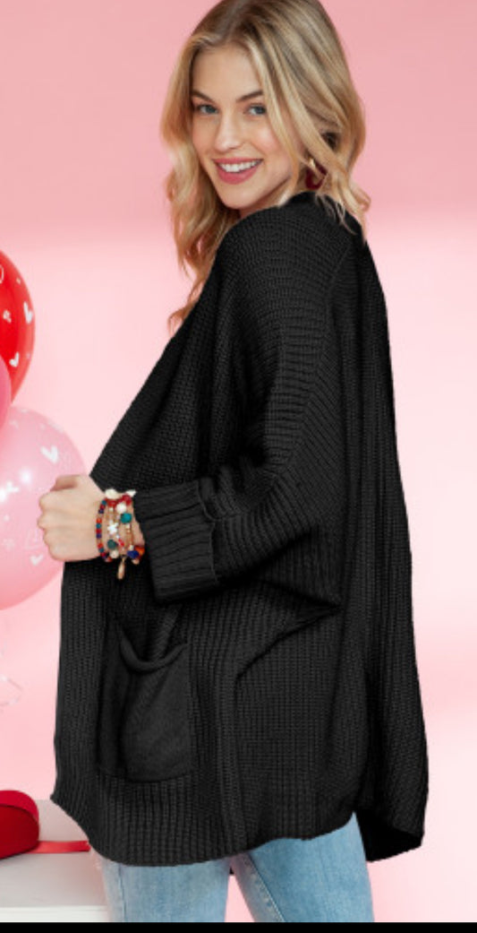 Jess Black Batwing Sleeve Pocket Oversized Cable Knit Cardigan