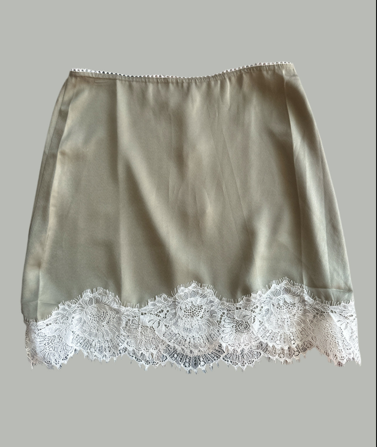 Dusty olive satin lace trim skirt