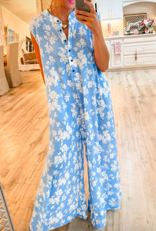 Breeze Floral Print Half Button Wide Leg Relaxed Sleeveless Jumpsuit