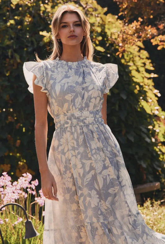 “Spring in Bloom” Floral Flutter Sleeve Midi Dress
