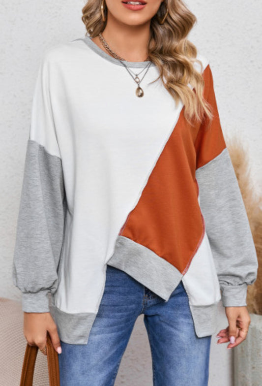 Sella Khaki Colorblock Stitching Irregular Hem Long Sleeve Top