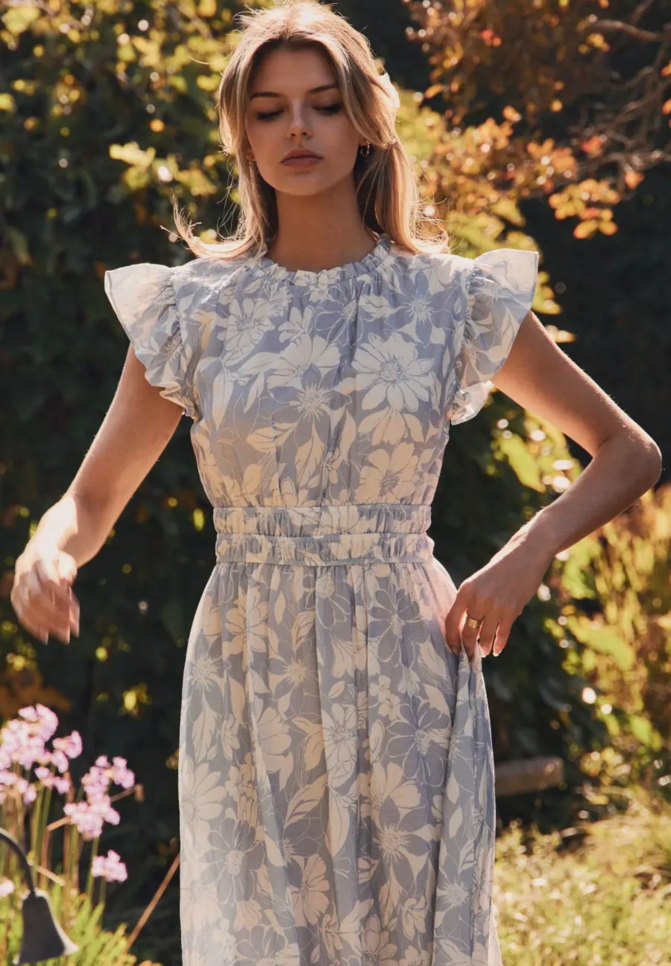 “Spring in Bloom” Floral Flutter Sleeve Midi Dress