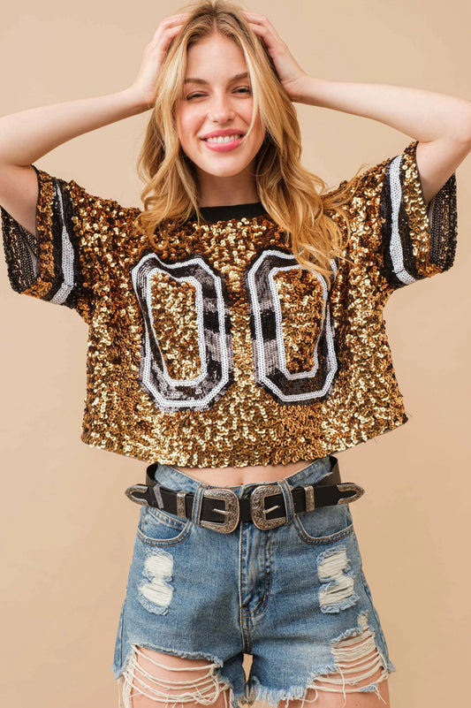 Sequin Game Day Crop Varsity Top