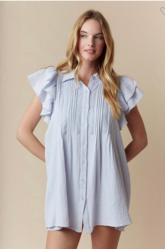Blue Skies Flutter Sleeve Button Front Dress
